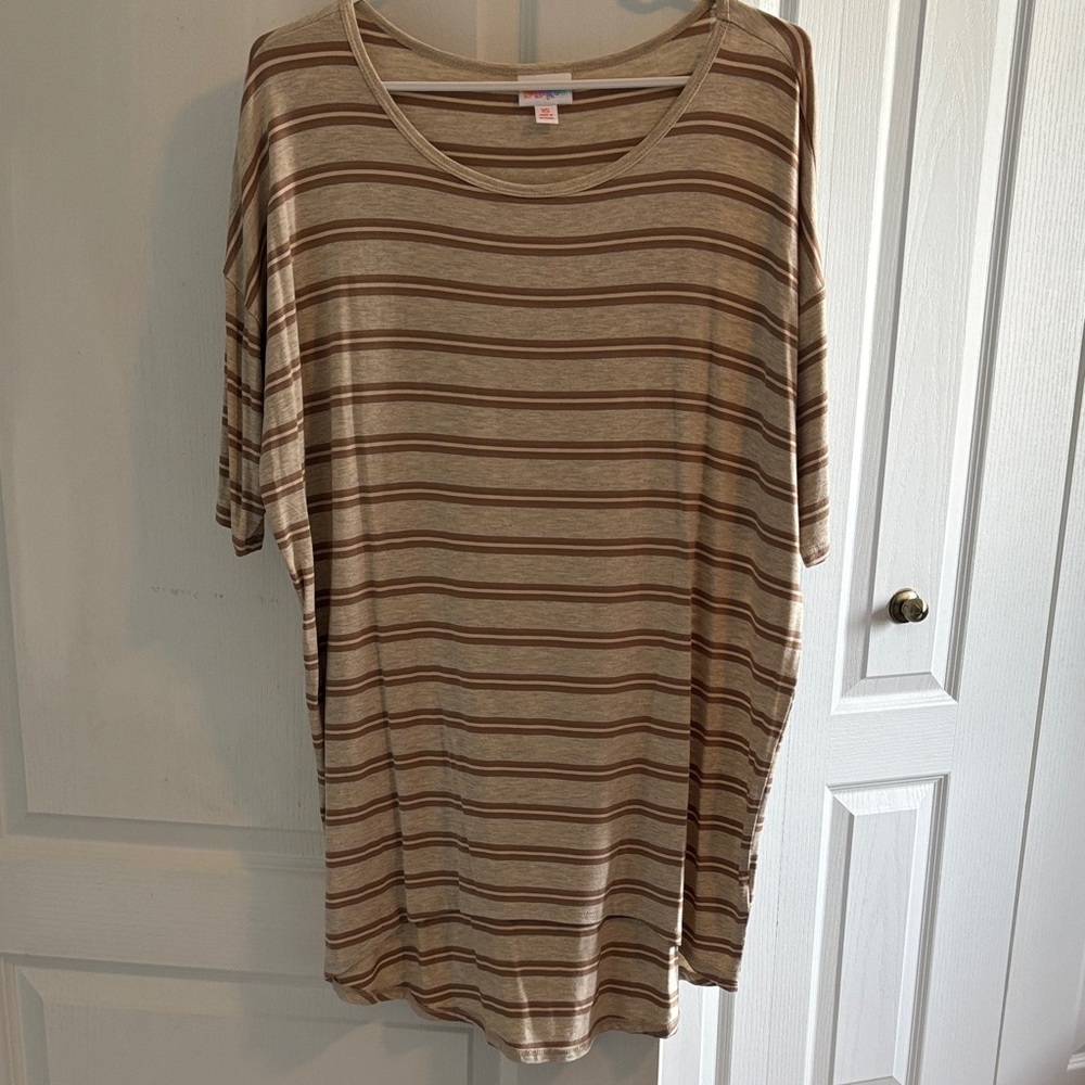 LuLaRoe Irma Brown and Tan Striped Short Sleeve Top